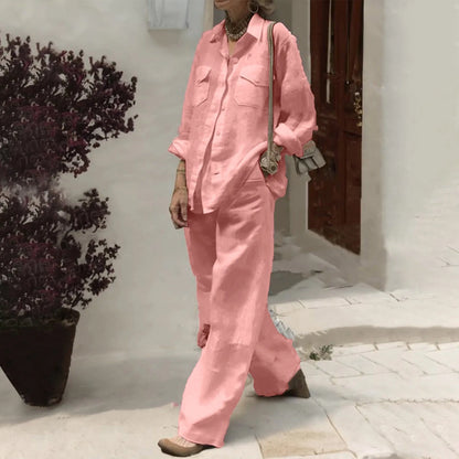 Fashionable Women's 2PCS Set featuring a sophisticated turn-down collar long sleeve shirt paired with elegant wide leg pants, perfect for summer and autumn occasions.