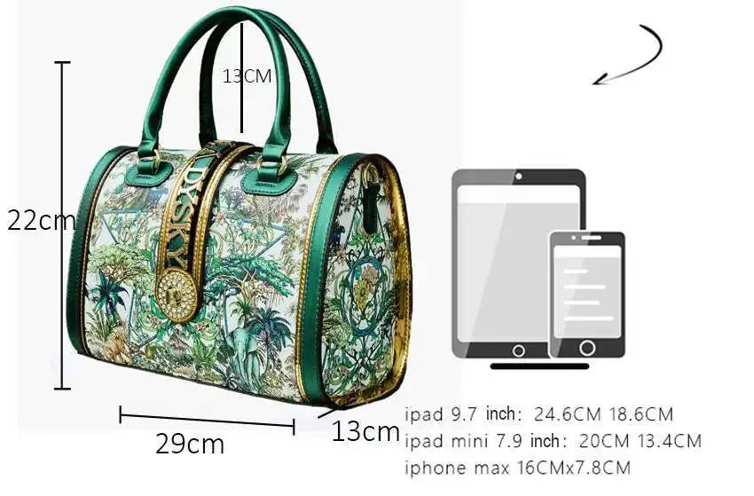 Luxurious large-capacity women's Boston barrel handbag in soft microfiber leather featuring a stylish animal print design.