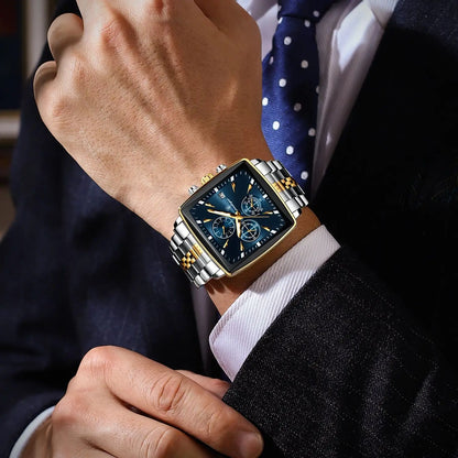 Luxury Men's Quartz Wristwatch placed on a sophisticated background, highlighting its waterproof capabilities and elegant craftsmanship.