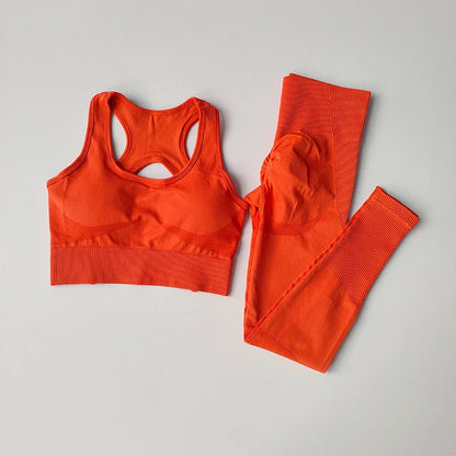 Elegant women's fitness set featuring a shockproof sports bra and high-waisted leggings, perfect for yoga and exercise with a sophisticated back design.