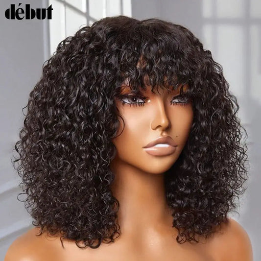 Close-up of a Peruvian highlighted wig highlighting the intricate wet and wavy texture and bangs, perfect for elegant styling.
