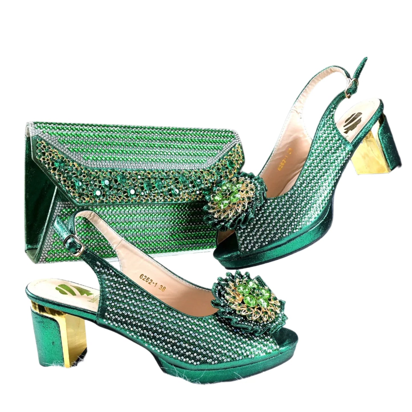 Elegant Italian women’s green crystal platform sandals, showcasing a high 7 cm square heel and peep toe design, perfect for weddings and special occasions.