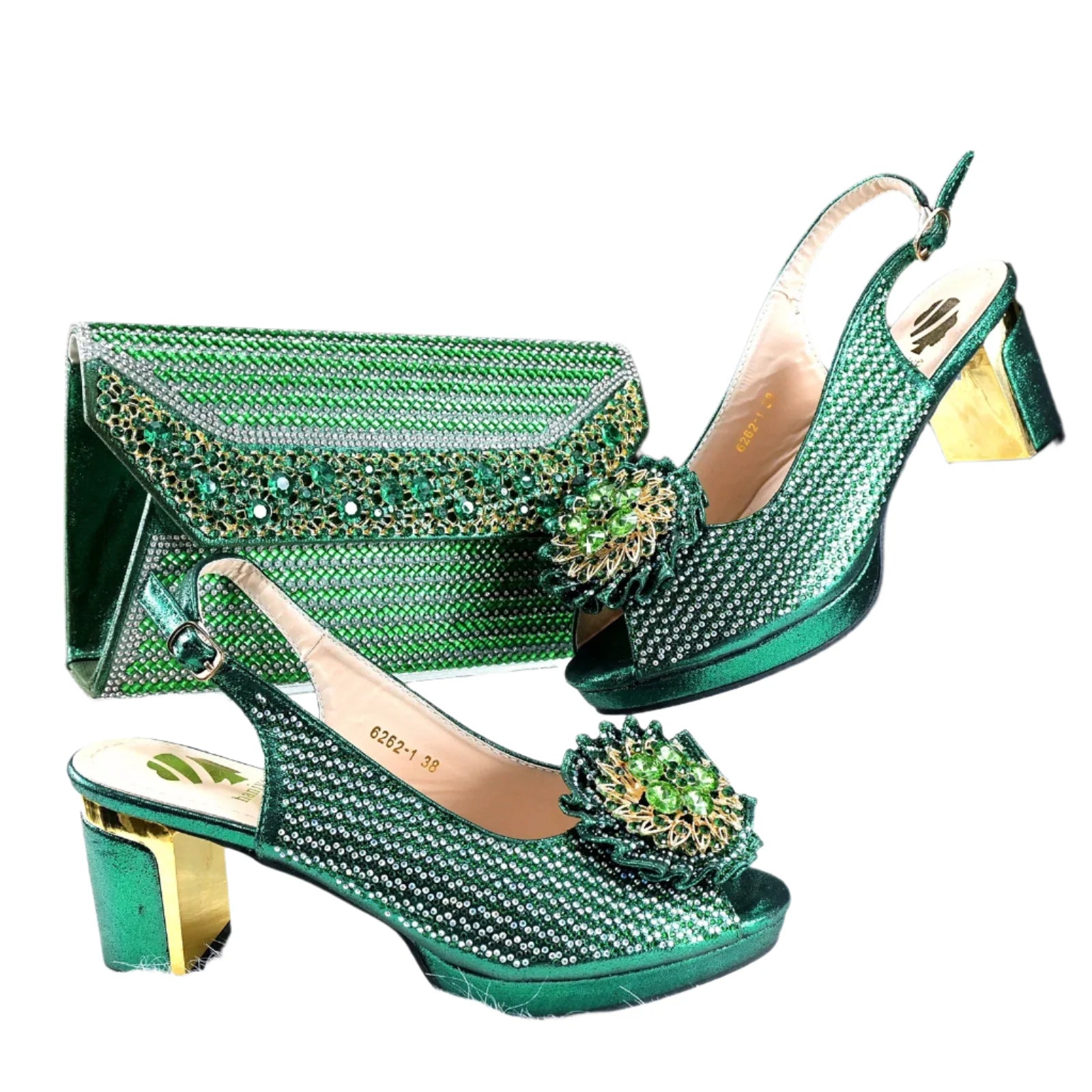 Elegant Italian women’s green crystal platform sandals, showcasing a high 7 cm square heel and peep toe design, perfect for weddings and special occasions.