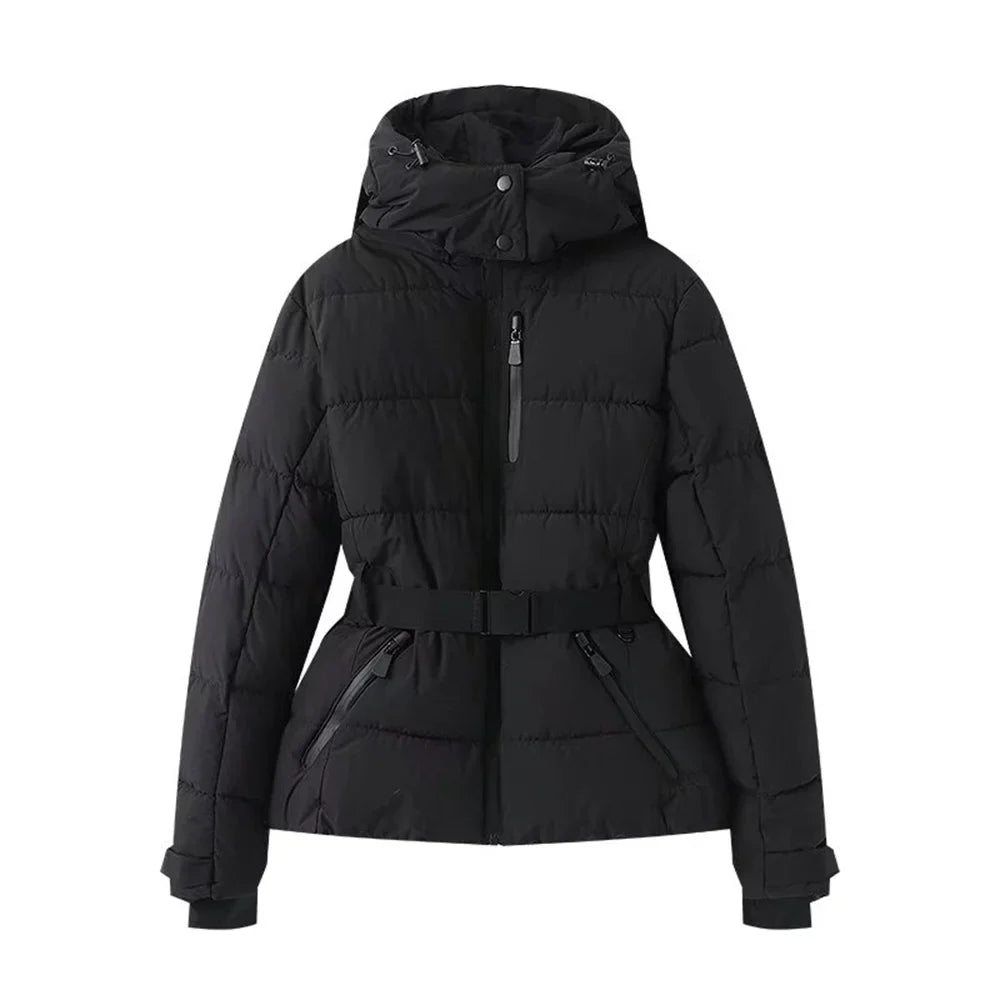Elegant women's slim fit hooded cotton jacket, perfect for winter skiing, featuring luxurious thick polyester material and stylish sashes for a chic outdoor look.