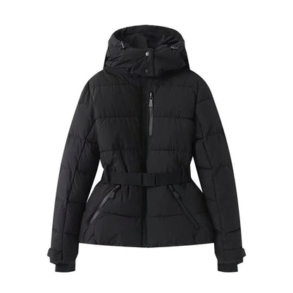 Elegant women's slim fit hooded cotton jacket, perfect for winter skiing, featuring luxurious thick polyester material and stylish sashes for a chic outdoor look.