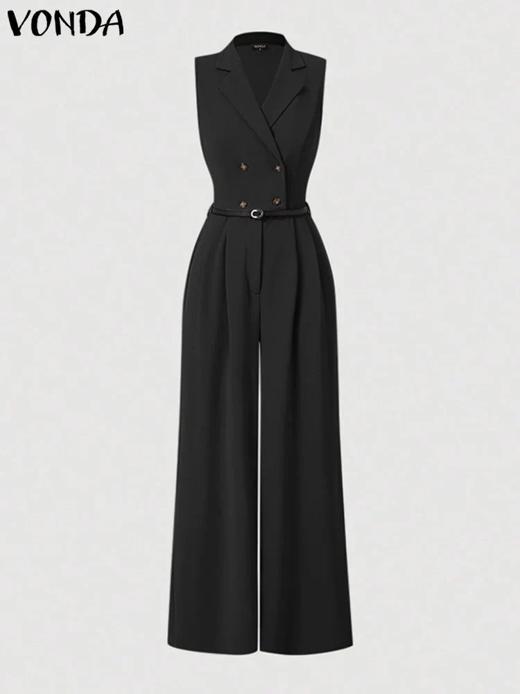 Stylish polyester jumpsuit for women, featuring ankle-length wide legs and loose fit, perfect for all-season fashion.