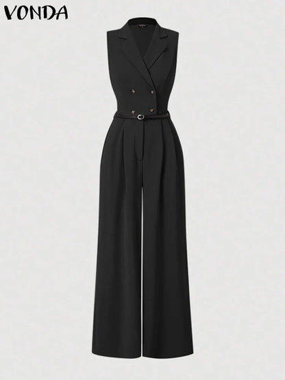 Stylish polyester jumpsuit for women, featuring ankle-length wide legs and loose fit, perfect for all-season fashion.