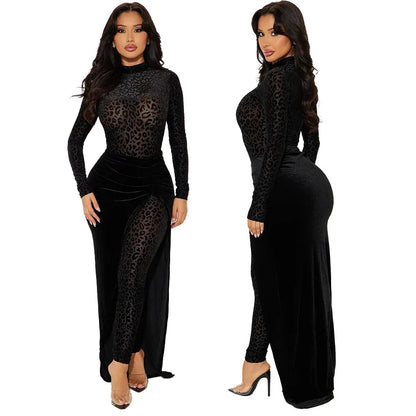 Elegant CM.YAYA Women's Leopard Velvet Long Sleeve Jumpsuit, perfect for upscale spring parties.