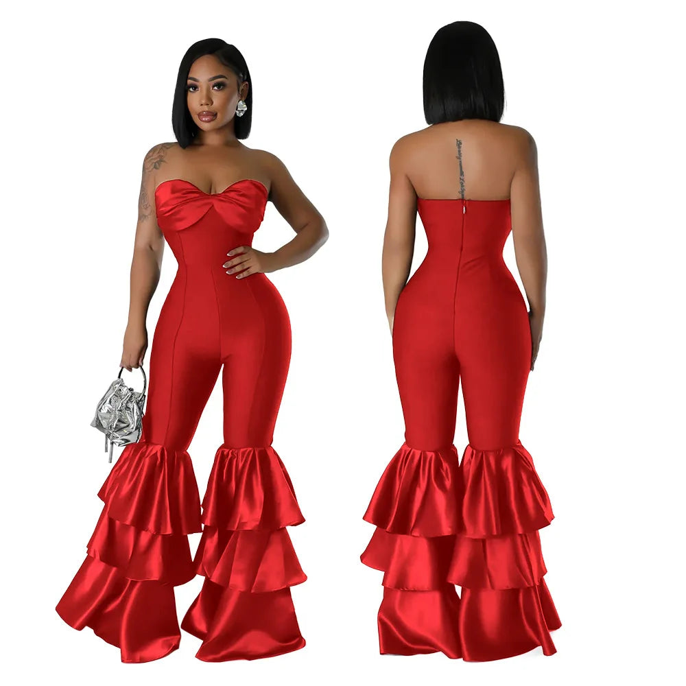 Elegant representation of a women's jumpsuit, showcasing a high street fashion style, tailored for a flattering fit with a contemporary ruffled design.