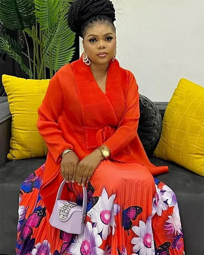 Close-up of EGRM Luxury Plus Size Pleated Skirt from the Autumn 2-Piece Set, showcasing intricate print details and flowing A-line silhouette.