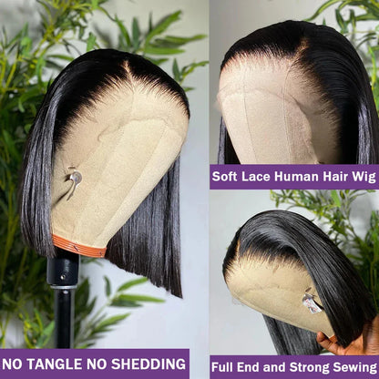 Close-up of the premium transparent lace frontal on a luxurious bob wig made of 100% Brazilian Remy hair.