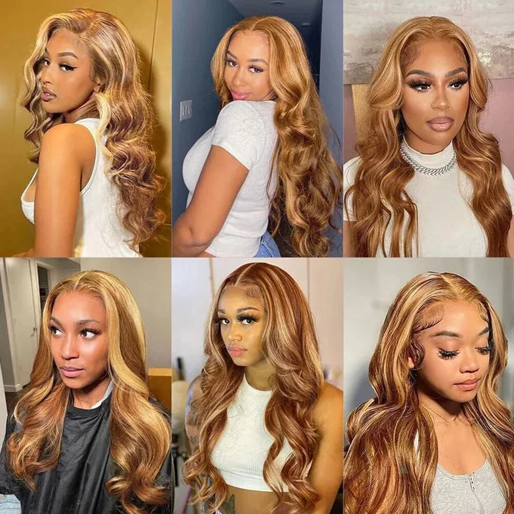Model wearing the glamorous 13x6 body wave ombre lace front wig in honey blonde, demonstrating its stunning and voluminous waves.