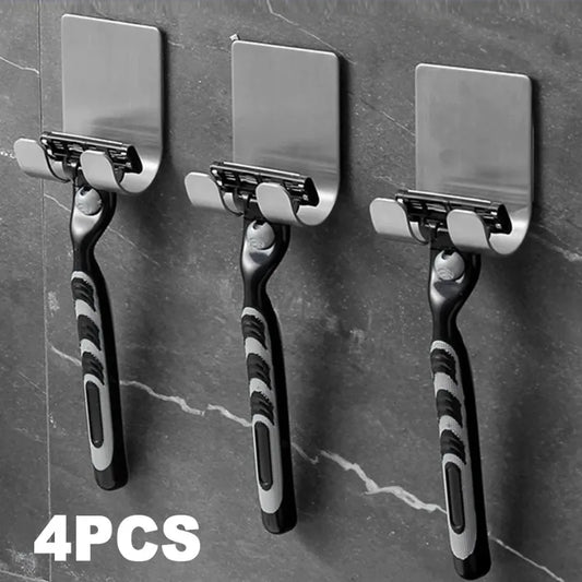 Elegant stainless steel wall-mounted razor holder rack designed for men's grooming accessories, showcasing a modern bathroom storage solution.