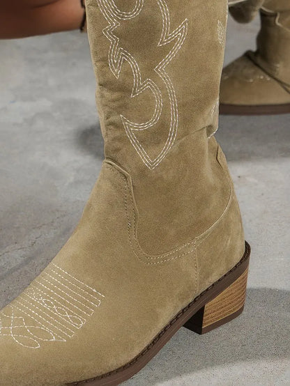 Fashion-forward women's knee-high boots with a pointed toe and stylish square heel, ideal for stylish spring and autumn wear.