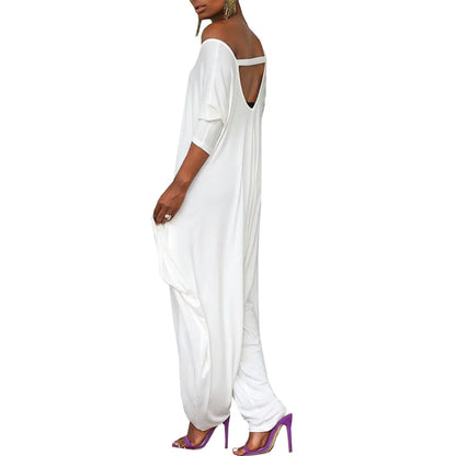Luxurious backless jumpsuit with a loose fit and ankle-length silhouette, designed for middle-aged women who appreciate stylish comfort.