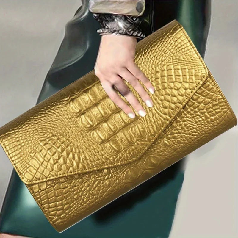 Luxurious interior of the women's crocodile print clutch bag featuring a spacious slot pocket, perfect for stylishly organising essentials.