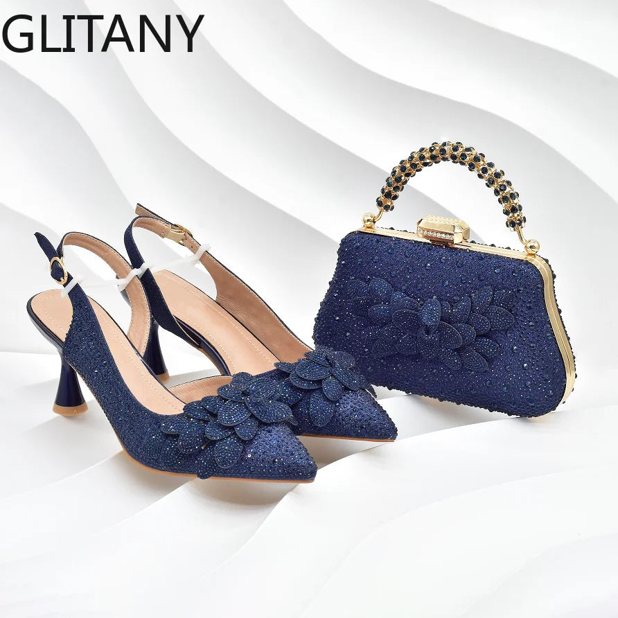 Luxury Italian women's shoe and bag set embellished with full diamonds, featuring high heel pumps in elegant gold, perfect for parties and weddings.