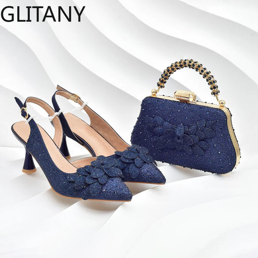 Luxury Italian women's shoe and bag set embellished with full diamonds, featuring high heel pumps in elegant gold, perfect for parties and weddings.