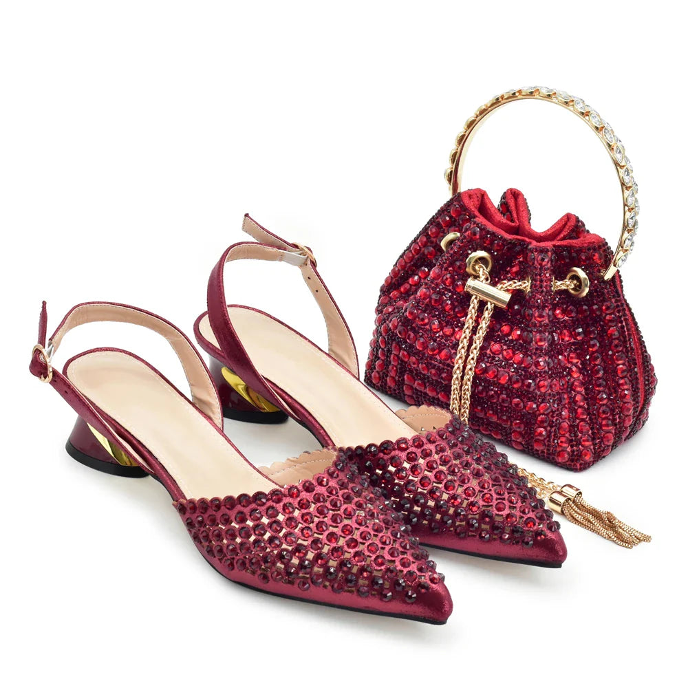 Elegant ensemble featuring Luxury Italian Rhinestone Women’s Pumps and matching bag from Hot Trends Area, designed for upscale weddings and parties.