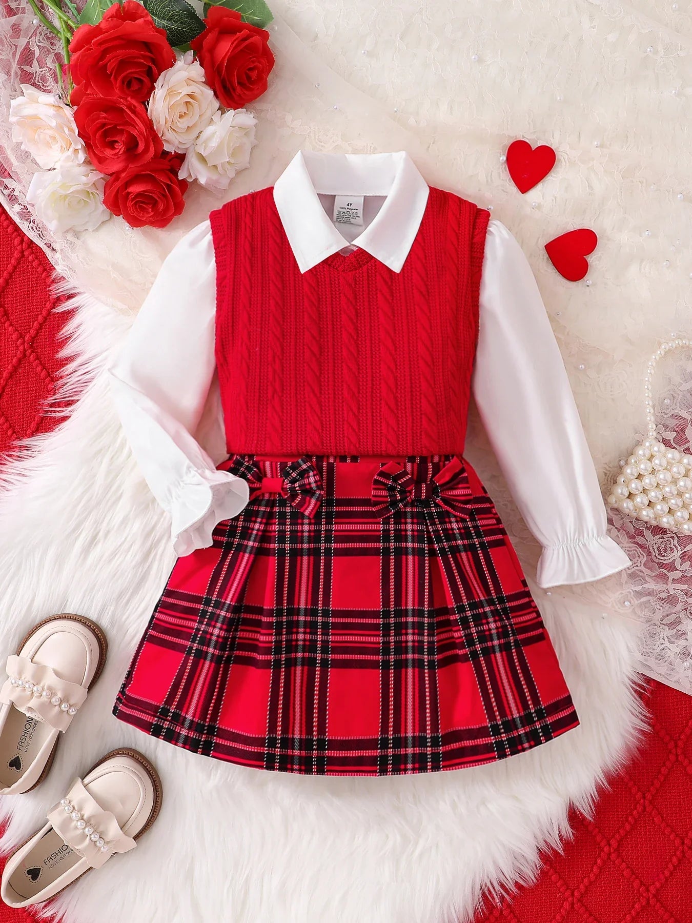 Luxurious girls' 3-piece knitted outfit featuring a vibrant red sleeveless tank top with lace collar, elegantly styled for ages 4-6.