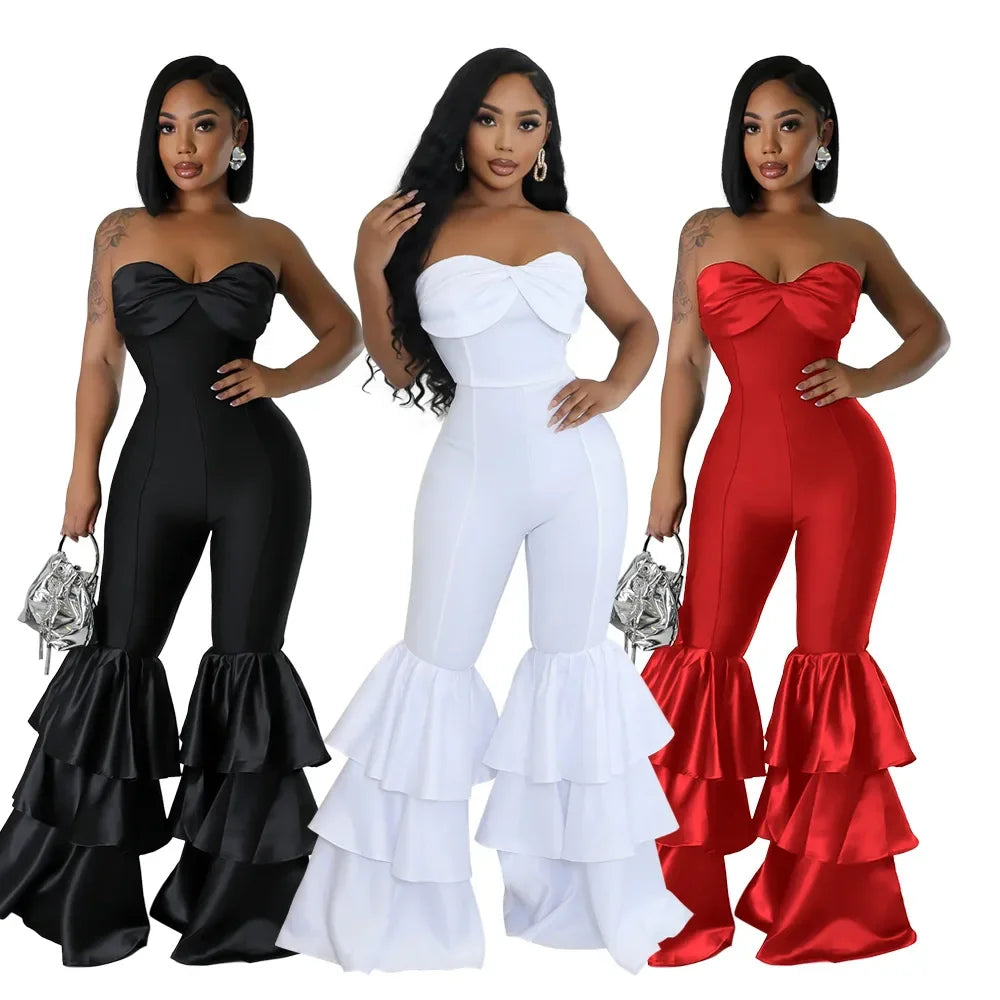 Sophisticated strapless sleeveless jumpsuit for women, featuring a slim fit design and elegant ruffled patchwork details in a luxurious setting.