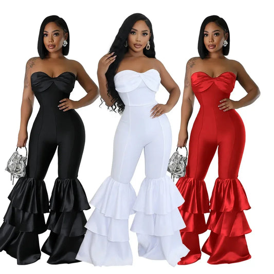 Sophisticated strapless sleeveless jumpsuit for women, featuring a slim fit design and elegant ruffled patchwork details in a luxurious setting.