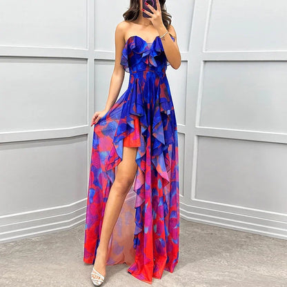 Luxurious off-shoulder maxi gown featuring a stylish ruffle design and flowing silhouette, ideal for sophisticated occasions.