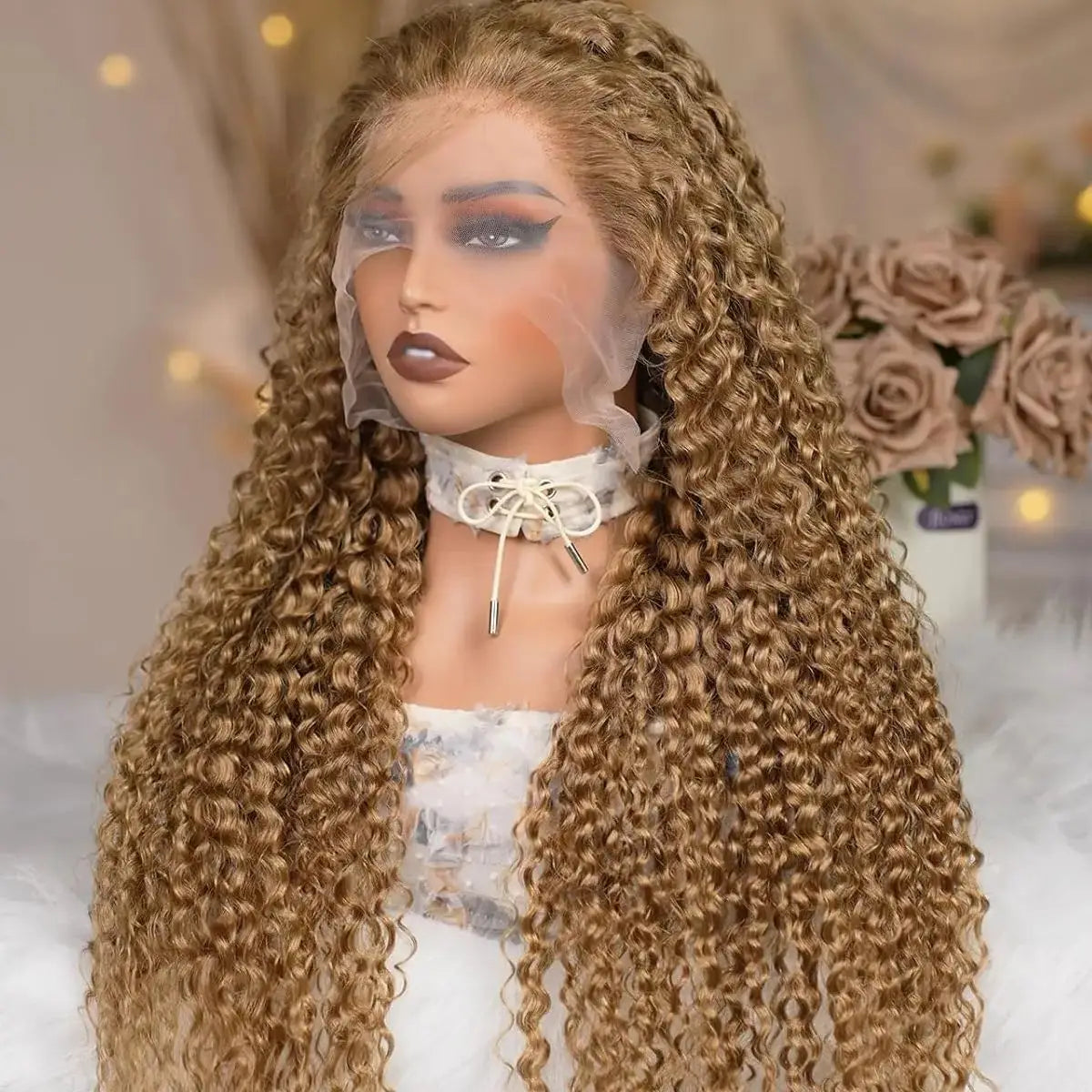Elegant honey blonde water wave wig styled on a mannequin, highlighting the beautiful texture and pre-plucked hairline for a realistic appearance.