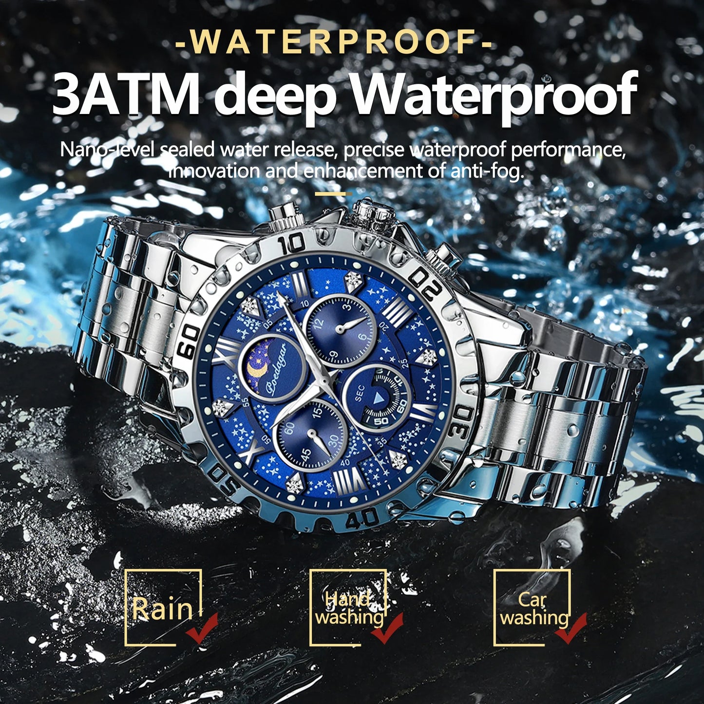 Close-up of waterproof stainless steel luxury men's sports watch with luminous hands and chronograph features, showcasing elegant design.