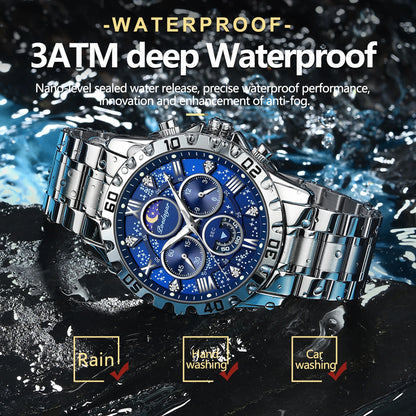 Close-up of waterproof stainless steel luxury men's sports watch with luminous hands and chronograph features, showcasing elegant design.