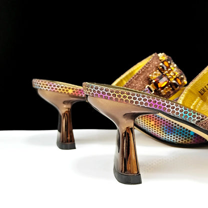 Stylish bag set matching the luxurious square toe heels, adorned with delicate rhinestones, ideal for parties and formal events.