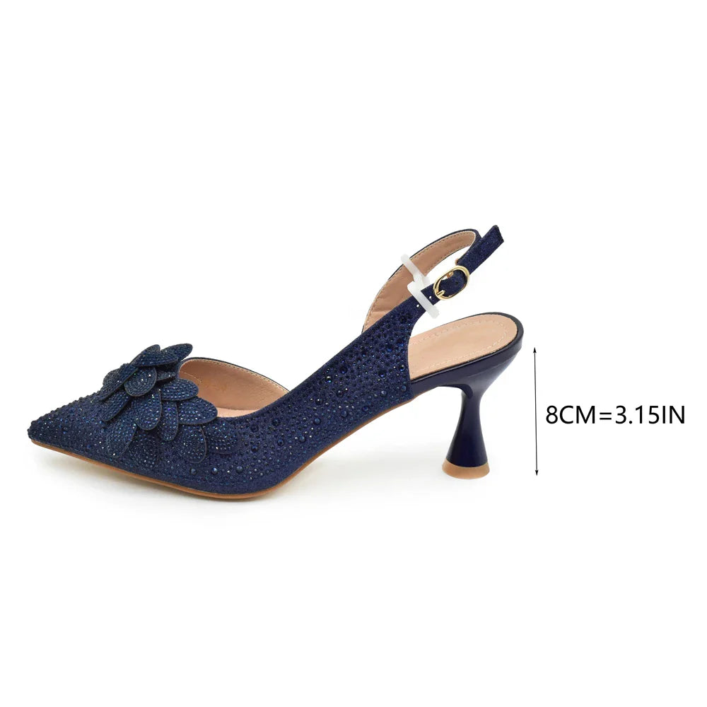 Full view of the luxury Italian wedding shoe and bag set featuring rhinestones and spike heels, designed for women who seek elegance and style.