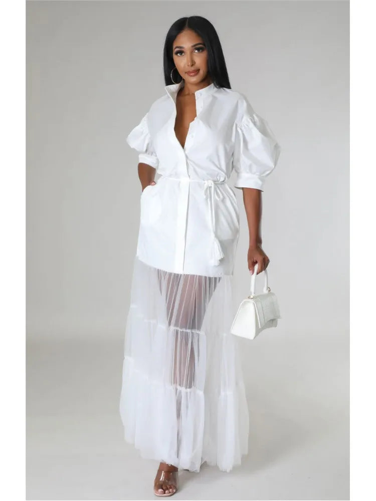Elegant women's ankle-length white lace shirt dress featuring delicate lace-up detail and a stylish pocket, perfect for sophisticated office or evening wear.