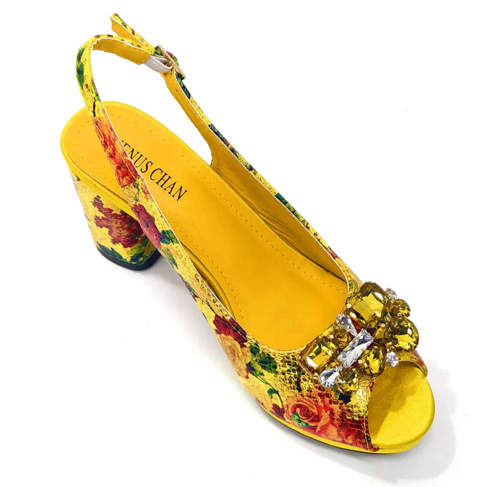 Luxurious Venus Chan gold colour women’s matching sandals featuring thick spike heels, elegant design suitable for parties and special occasions.