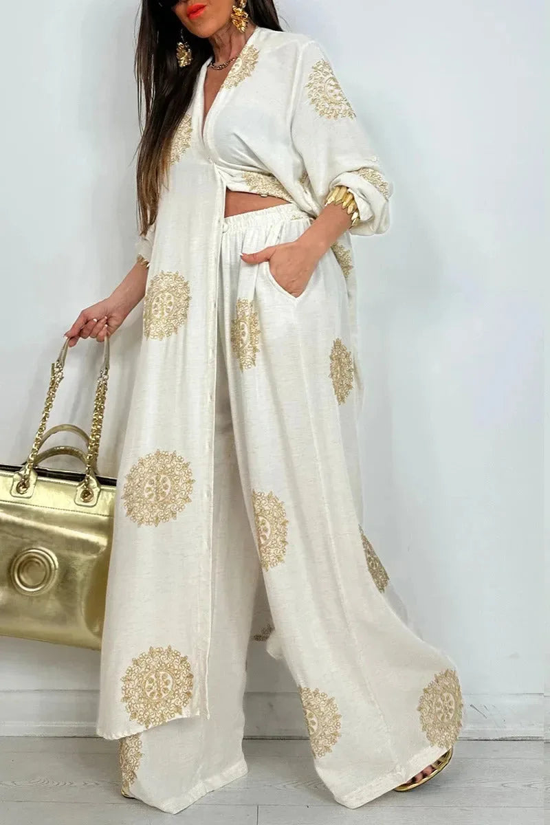 Luxurious high-waisted wide leg pants from the women's loose vintage printed robe set, showcasing intricate patterns and a non-stretch broadcloth fabric for a flattering, comfortable fit.