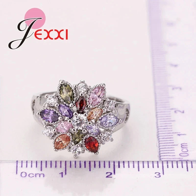 Chic Flower Shaped Ring in 925 Sterling Silver, elegantly showcasing brilliant Zircon gemstones, suitable for modern fashion enthusiasts.