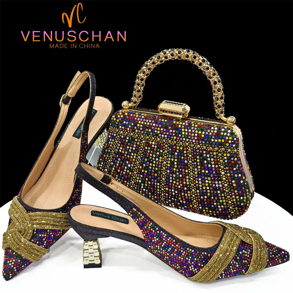 Luxurious Venus Chan women's black pumps featuring a chic hollow design and pointed toe, perfect for elegant party occasions.