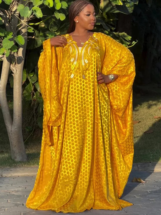 Enchanting embroidered satin kaftan dress in one size, showcasing a loose fit design perfect for upscale events.