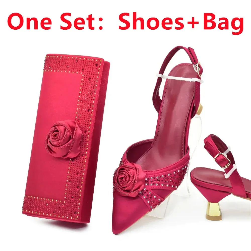 Elegant women's Italian shoe and bag set featuring handmade flowers, exquisitely crafted for parties and special occasions.