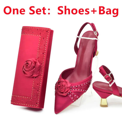 Elegant women's Italian shoe and bag set featuring handmade flowers, exquisitely crafted for parties and special occasions.