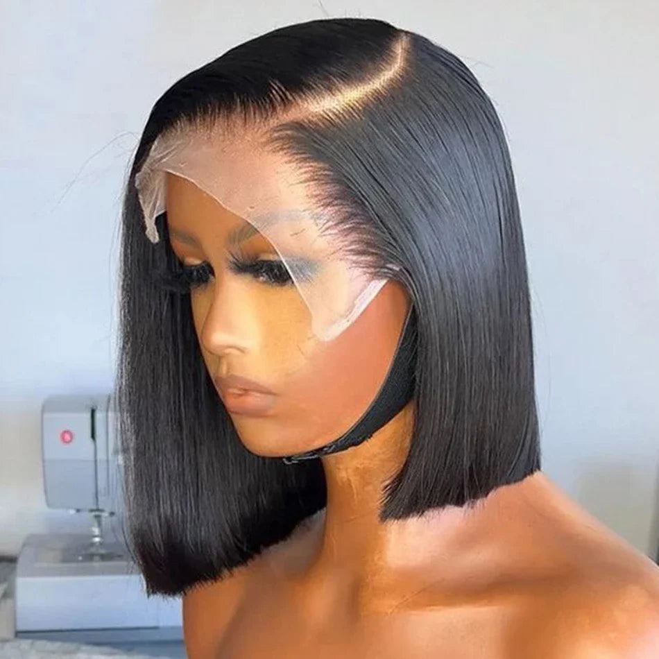Luxury short bob wig made from Brazilian human hair with a lace front design, featuring 4x4 transparent lace and a sleek straight texture, ideal for a sophisticated natural look.