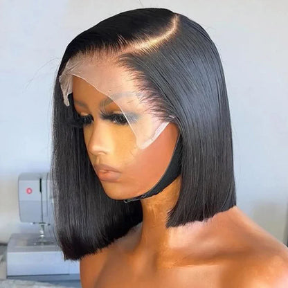 Luxury short bob wig made from Brazilian human hair with a lace front design, featuring 4x4 transparent lace and a sleek straight texture, ideal for a sophisticated natural look.