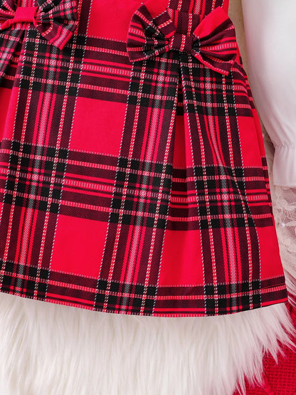 Sophisticated checkered skirt from a luxurious 3-piece knitted set, paired with a red tank top and lace collar, ideal for fashionable girls aged 4-6.