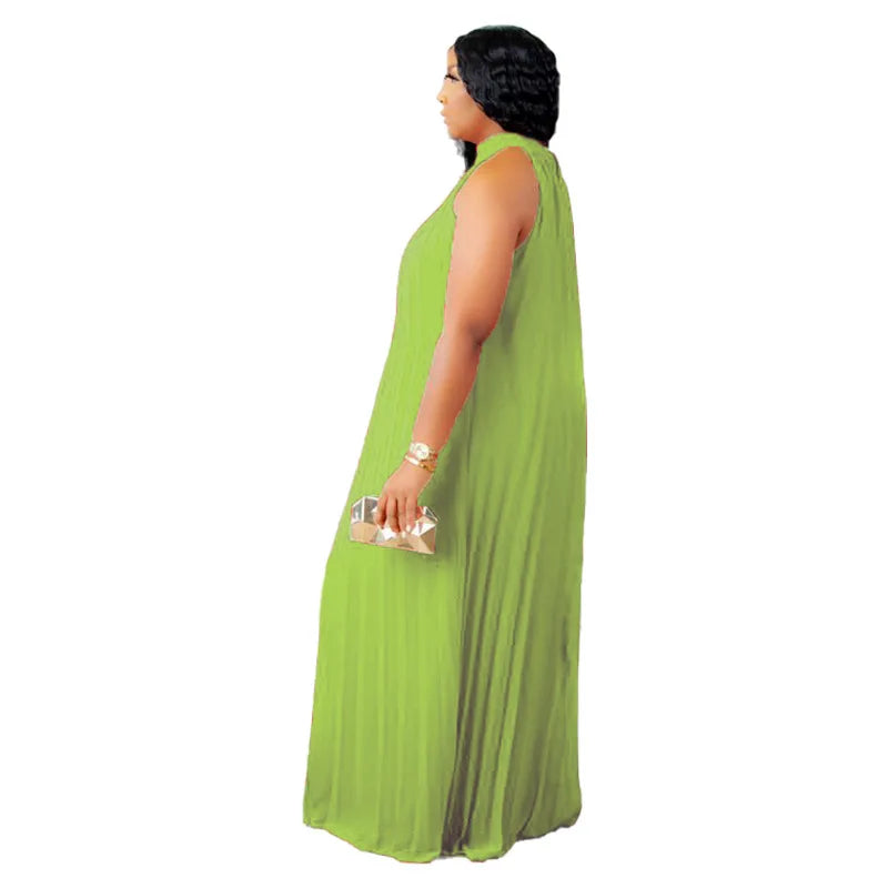 Close-up of the intricate detailing of a plus size A-line halter sleeveless maxi dress, designed for graceful movements and sophisticated silhouette.