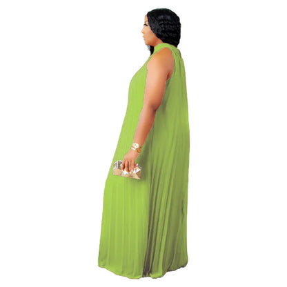 Close-up of the intricate detailing of a plus size A-line halter sleeveless maxi dress, designed for graceful movements and sophisticated silhouette.