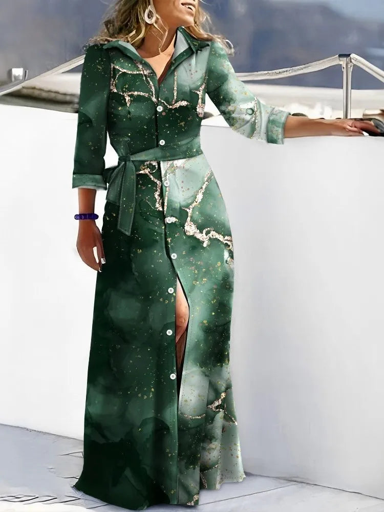 Model wearing a beautifully crafted autumn lace-up shirt dress featuring an A-line silhouette and full-length sleeves, ideal for everyday elegance.