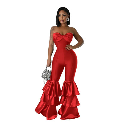 Stylish women's strapless jumpsuit with a luxurious ruffled design, designed for a sleek silhouette and ankle-length fit, perfect for autumn-winter fashion.