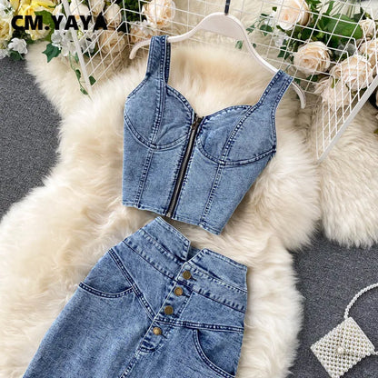 Luxurious CM.YAYA women's denim two-piece set featuring a sleeveless crop top and ankle-length skirt in solid blue, perfect for summer elegance.