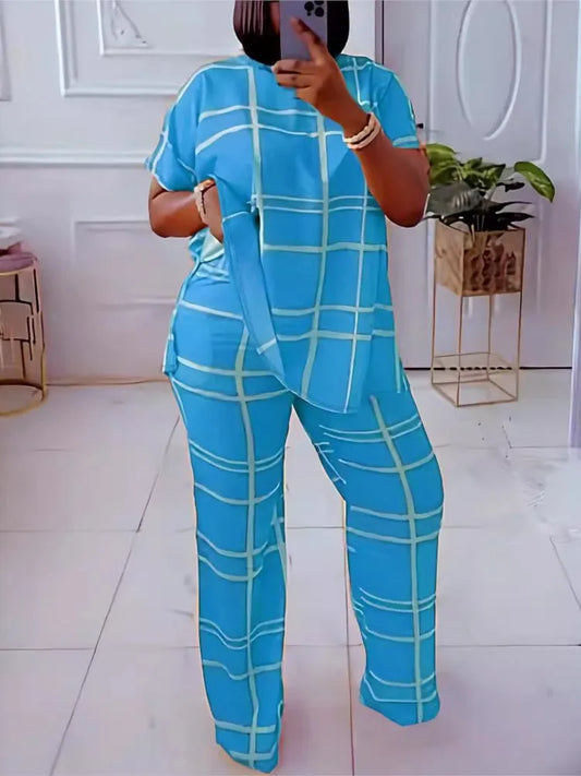 Elegant display of the chic women's striped grid two-piece set, showcasing its stylish print and lightweight polyester fabric.