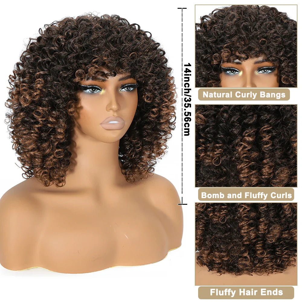 Sophisticated view of a synthetic curly wig in blonde, designed with bangs for a chic and fashionable appearance.
